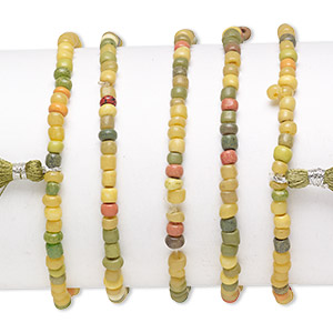 Bracelet mix, stretch, glass, multicolored, #6 round with 45mm tassel, 7-1/2 inches. Sold per pkg of 5.