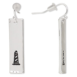 Earring, antique silver-finished pewter (zinc-based alloy), 40mm fishhook  with 33.5x9mm rectangle with lighthouse design, 21 gauge. Sold per pair. -  Fire Mountain Gems and Beads