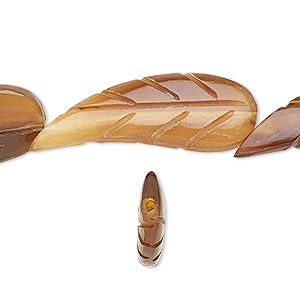 Bead, horn (dyed / waxed), golden, 33x13mm hand-cut double-sided carved leaf. Sold per 15-1/2&quot; to 16&quot; strand.