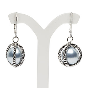 Earring, glass pearl and antique silver-finished pewter (zinc