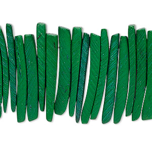 Bead, wood (dyed / waxed), green, 25x4mm hand-cut top-drilled stick. Sold per 15-1/2&quot; to 16&quot; strand.