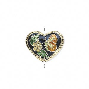 Bead, cloisonn&#233;, dark blue/orange/green/gold, 18x15mm double-sided heart. Sold per pkg of 4.
