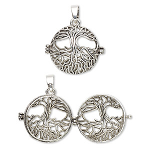 Drop, antique silver-finished brass, 26mm round bead cage with cutout tree of life design and safety latch, fits up to 18mm bead. Sold individually.