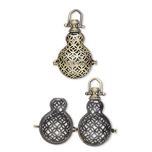 Focal, antique brass-finished brass, 35.5x19mm bead cage with cutout mesh design and safety latch, fits up to 18mm bead. Sold individually.