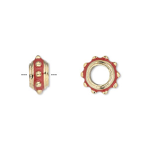 Bead, Dione&reg;, gold-finished &quot;pewter&quot; (zinc-based alloy) and enamel, red, 12x6mm beaded rondelle with 5mm hole. Sold individually.