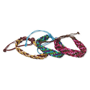 Bracelet, leather, multicolored, 12.5mm wide, woven, adjustable from 7-9 inches with macram&#233; knot closure. Sold per pkg of 3.