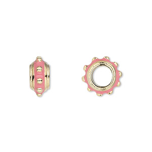 Bead, Dione&reg;, gold-finished &quot;pewter&quot; (zinc-based alloy) and enamel, pink, 12x6mm beaded rondelle with 5mm hole. Sold individually.