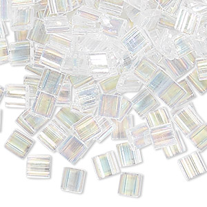 Bead, Miyuki, TILA&reg;, glass, transparent crystal AB, (TL250), 5mm square with (2) 0.8mm holes, fits up to 3mm beads. Sold per 10-gram pkg.