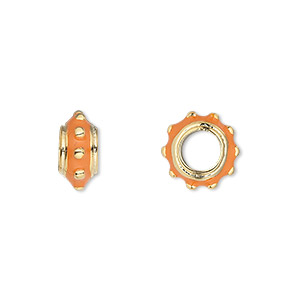 Bead, Dione&reg;, gold-finished &quot;pewter&quot; (zinc-based alloy) and enamel, orange, 12x6mm beaded rondelle with 5mm hole. Sold individually.