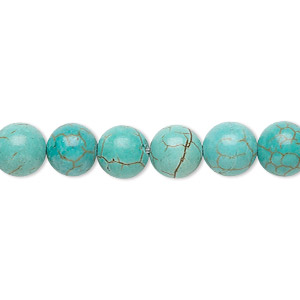 Bead, magnesite (dyed / stabilized), turquoise blue, 8mm round, B grade, Mohs hardness 3-1/2 to 4. Sold per 15-1/2&quot; to 16&quot; strand.