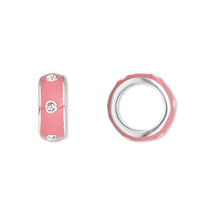 Bead, Dione&reg;, enamel / crystals / silver-plated &quot;pewter&quot; (zinc-based alloy), pink and crystal clear, 14x5.5mm rondelle with 9.5mm hole. Sold individually.