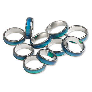 Ring mix, imitation rhodium-plated &quot;pewter&quot; (zinc-based alloy) and acrylic, multicolored, 6mm color changing &quot;mood&quot; ring, sizes 6 to 9. Sold per pkg of 10.