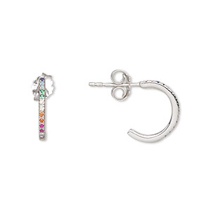 Earstud, rhodium-plated sterling silver and cubic zirconia, multicolored, 13.5mm hoop. Sold per pair.