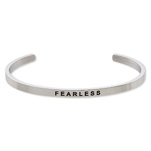 Bracelet, Everyday Jewelry, cuff, stainless steel, 4mm wide with &quot;FEARLESS,&quot; 8 inches. Sold individually.