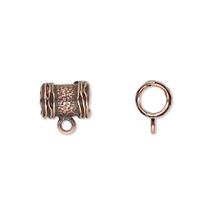 Bead, JBB Findings, antique copper-plated brass, 10x7.5mm textured round tube with ribbed ends and loop. Sold per pkg of 2.