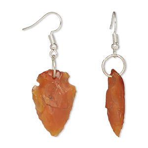 Earring, Everyday Jewelry, carnelian and silver-finished brass, 25x14-35x20mm hand-knapped arrowhead with fishhook ear wire. Sold per pair.