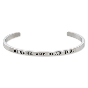 Bracelet, Everyday Jewelry, cuff, stainless steel, 4mm wide with &quot;STRONG AND BEAUTIFUL,&quot; 8 inches. Sold individually.