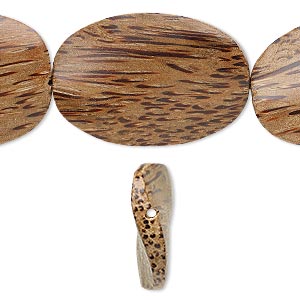 Bead, wood (waxed), 40x28mm hand-cut twisted flat oval. Sold per 15-1/2&quot; to 16&quot; strand.