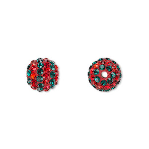 Bead, Egyptian glass rhinestone / epoxy / resin, red and dark green, 10mm round with pav&#233; striped design. Sold individually.
