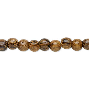 Bead, wood (waxed), 5-6mm hand-cut round. Sold per pkg of (2) 15-1/2&quot; to 16&quot; strands.