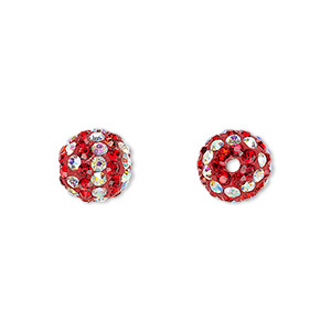 Bead, Egyptian glass rhinestone / epoxy / resin, red and clear AB, 10mm round with pav&#233; striped design. Sold individually.