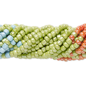 Seed bead, glass, opaque luster turquoise blue / light green / peach, #6 round. Sold per pkg of (10) 15-1/2&quot; to 16&quot; strands, approximately 1,300 beads.