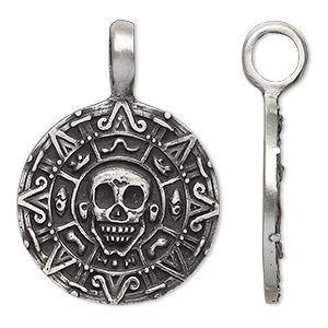 Pendant, antiqued pewter (tin-based alloy), 43x31mm single-sided skull coin. Sold individually.