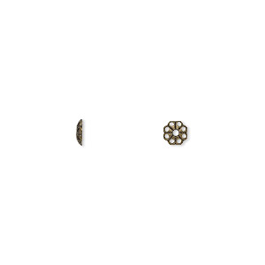 Bead cap, antique gold-plated brass, stamped, 4x1mm fancy round with cutout pattern, fits 4-6mm bead. Sold per pkg of 100.