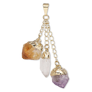 Pendant, Everyday Jewelry, gold-plated brass and multi-gemstone (natural/heated), (3) 49-51mm dangling points. Sold individually.