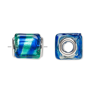 Bead, Dione&reg;, lampworked glass and silver-plated brass grommets, translucent teal green and light blue with silver-colored foil, 14x12mm cube with stripe, 5mm hole. Sold per pkg of 4.