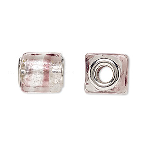 Bead, Dione&reg;, lampworked glass and silver-plated brass grommets, translucent clear and purple with silver-colored foil, 14x12mm cube with stripe, 5mm hole. Sold per pkg of 4.
