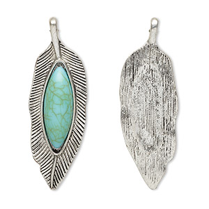 Pendant, &quot;turquoise&quot; (resin) (imitation) and antique silver-finished &quot;pewter&quot; (zinc-based alloy), turquoise blue, 60x20mm single-sided feather. Sold individually.