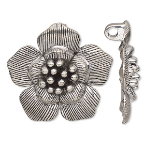 Pendant, antique silver-finished &quot;pewter&quot; (zinc-based alloy), 41x39mm single-sided flower with hidden loop. Sold Individually.