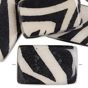Bead, wood / cotton / acrylic, black and cream, 30x20mm double-sided flat rectangle with zebra stripe pattern. Sold per pkg of 8.