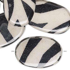 Bead, wood / cotton / acrylic, black and cream, 30x20mm double-sided flat oval with zebra stripe pattern. Sold per pkg of 8.