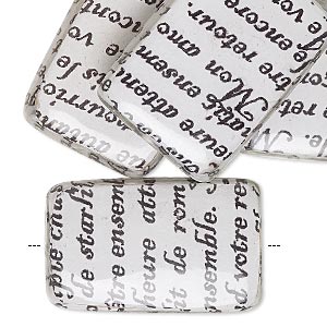 Bead, wood / newspaper / acrylic, white and black, 30x20mm double-sided flat rectangle with phrase in French. Sold per pkg of 8.