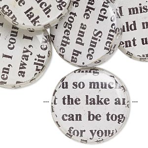 Bead, wood / newspaper / acrylic, white and black, 24mm double-sided flat round with phrase in English. Sold per pkg of 8.
