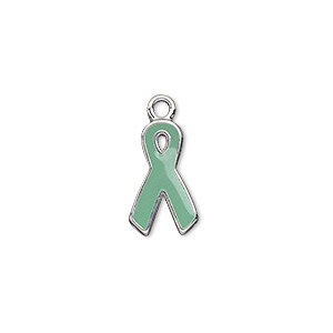 Charm, silver-plated aluminum and epoxy, teal, 15x9mm single-sided awareness ribbon. Sold per pkg of 6.