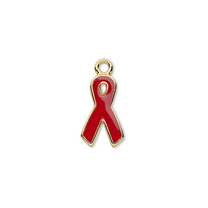 Charm, epoxy and gold-plated aluminum, red, 15x9mm single-sided awareness ribbon. Sold per pkg of 6.