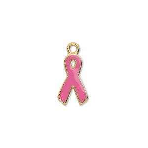 Charm, epoxy and gold-plated aluminum, pink, 15x9mm single-sided awareness ribbon. Sold per pkg of 6.