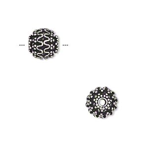 Bead, antique silver-plated brass, 9mm beaded round with wave design. Sold per pkg of 6.