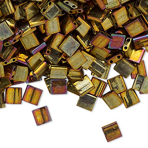 Bead, Miyuki, TILA&reg;, glass, opaque metallic rainbow golden, (TL462), 5mm square with (2) 0.8mm holes, fits up to 3mm beads. Sold per 10-gram pkg.