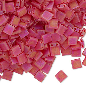Bead, Miyuki, TILA&reg;, glass, transparent matte rainbow light fire red, (TL140FR), 5mm square with (2) 0.8mm holes, fits up to 3mm beads. Sold per 10-gram pkg.