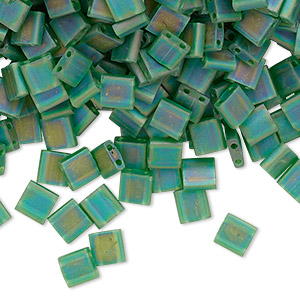 Bead, Miyuki, TILA&reg;, glass, transparent matte rainbow pistachio, (TL146FR), 5mm square with (2) 0.8mm holes, fits up to 3mm beads. Sold per 40-gram pkg.