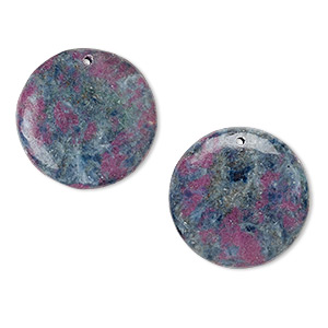 Focal, ruby in kyanite (stabilized), 30mm flat round, B grade, Mohs hardness 9 and 4. Sold per pkg of 2.