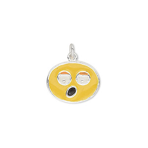 Charm, sterling silver and enamel, multicolored, 16x13mm single-sided flat oval with surprised face. Sold individually.