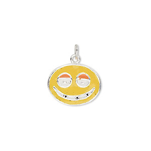 Charm, sterling silver and enamel, multicolored, 16x13mm single-sided flat oval with grinning face. Sold individually.