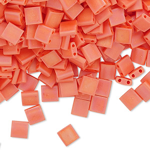 Bead, Miyuki, TILA&reg;, glass, opaque matte rainbow orange, (TL406FR), 5mm square with (2) 0.8mm holes, fits up to 3mm beads. Sold per 40-gram pkg.
