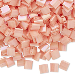 Bead, Miyuki, TILA&reg;, glass, opaque luster rainbow light peach, (TL596), 5mm square with (2) 0.8mm holes, fits up to 3mm beads. Sold per 10-gram pkg.