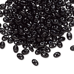 Seed bead, Preciosa Twin&#153;, Czech glass, opaque black, 5x2.5mm oval with 2 holes. Sold per 10-gram pkg.